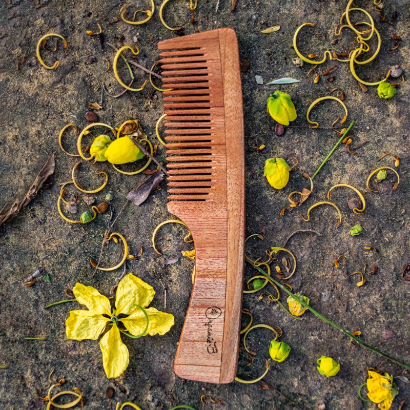 neem comb, organic wood comb, wooden comb, neem wood comb, organic neem comb, organic hair products, detangling comb, handle comb, handle wood comb, handle neem wood comb,
