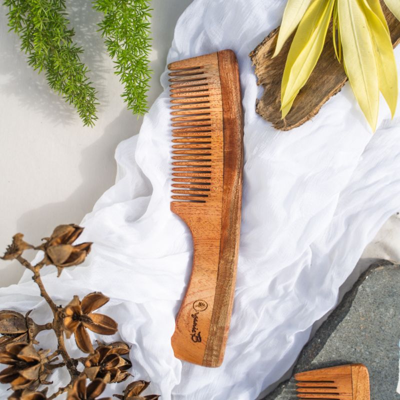 neem comb, organic wood comb, wooden comb, neem wood comb, organic neem comb, organic hair products, detangling comb, handle comb, handle wood comb, handle neem wood comb,